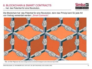 19
Die Blockchain hat das Potential für eine Revolution, denn das Prinzip kann für jede Art
von Vertrag verwendet werden: „Smart Contracts“.
… hat das Potential für eine Revolution.
RINGVORLESUNG | 23. NOVEMBERR 2016 | IISYS HOF | DR. MATTHIAS NAGEL & DR. GEORG JUNG
8. BLOCKCHAIN & SMART CONTRACTS
Abb. von Dan Page aus http://www.strategy-business.com/article/A-Strategists-Guide-to-Blockchain?gko=0d586
 