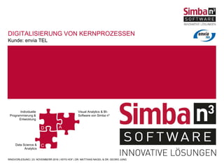 Kunde: envia TEL
DIGITALISIERUNG VON KERNPROZESSEN
RINGVORLESUNG | 23. NOVEMBERR 2016 | IISYS HOF | DR. MATTHIAS NAGEL & DR. GEORG JUNG
Visual Analytics & BI-
Software von Simba n³
Individuelle
Programmierung &
Entwicklung
Data Science &
Analytics
D A
C
 