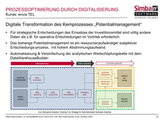 25
 Für strategische Entscheidungen des Einsatzes der Investitionsmittel sind völlig andere
Daten als z.B. für operative Entscheidungen im Vertrieb erforderlich.
 Das bisherige Potentialmanagement ist ein ressourcenaufwändiger subjektiver
Entscheidungs-prozess, mit hohem Abstimmungsaufwand.
 Automatisierung & Vereinfachung der analytischen Wertschöpfungskette mit dem
DataWarehouseBuilder:
Kunde: envia TEL
RINGVORLESUNG | 23. NOVEMBERR 2016 | IISYS HOF | DR. MATTHIAS NAGEL & DR. GEORG JUNG
PROZESSOPTIMIERUNG DURCH DIGITALISIERUNG
Digitale Transformation des Kernprozesses „Potentialmanagement“
 