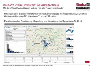26
Mit dem VisualCockpit lassen sich ad hoc alle Fragen beantworten
RINGVORLESUNG | 23. NOVEMBERR 2016 | IISYS HOF | DR. MATTHIAS NAGEL & DR. GEORG JUNG
EINSATZ VISUALCOCKPIT IM KREATIVTEAM
Umsetzung der digitalen Transformation des Kernprozesses mit Fragestellung „In welchen
Gebieten sollte envia TEL investieren?“ in nur 2 Monaten.
Punktlandung bei Priorisierung, Bewertung und Umsetzung der Bauprojekte für 2016.
 