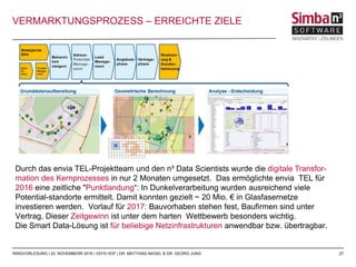 27
Durch das envia TEL-Projektteam und den n³ Data Scientists wurde die digitale Transfor-
mation des Kernprozesses in nur 2 Monaten umgesetzt. Das ermöglichte envia TEL für
2016 eine zeitliche "Punktlandung“: In Dunkelverarbeitung wurden ausreichend viele
Potential-standorte ermittelt. Damit konnten gezielt ~ 20 Mio. € in Glasfasernetze
investieren werden. Vorlauf für 2017: Bauvorhaben stehen fest, Baufirmen sind unter
Vertrag. Dieser Zeitgewinn ist unter dem harten Wettbewerb besonders wichtig.
Die Smart Data-Lösung ist für beliebige Netzinfrastrukturen anwendbar bzw. übertragbar.
RINGVORLESUNG | 23. NOVEMBERR 2016 | IISYS HOF | DR. MATTHIAS NAGEL & DR. GEORG JUNG
VERMARKTUNGSPROZESS – ERREICHTE ZIELE
 