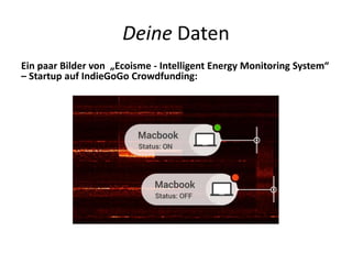 Deine Daten
Ein paar Bilder von „Ecoisme - Intelligent Energy Monitoring System“
– Startup auf IndieGoGo Crowdfunding:
 
