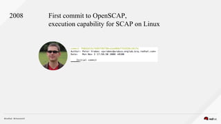 2008 First commit to OpenSCAP,
execution capability for SCAP on Linux
 