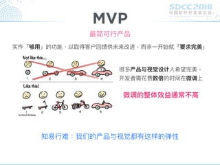 MVP
最简可⾏行行产品
实作「够⽤用」的功能、以取得客户回馈供未来改进，⽽而非⼀一开始就「要求完美」
很多产品与视觉设计⼈人希望完美，
开发者需花费数倍的时间在微调上
微调的整体效益通常不⾼高
知易易⾏行行难：我们的产品与视觉都有这样的弹性
 
