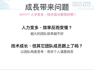 成長带来问题
WHY? ⼈人⼿手变多、技术成⻓长都很好啊！
⼈人⼒力力变多、效率反⽽而变慢？
越⼤大的团队效率越不好
技术成⻓长、但其它团队成员跟上了了吗？
以团队⾓角度思考、⽽而非个⼈人滿意與否
 