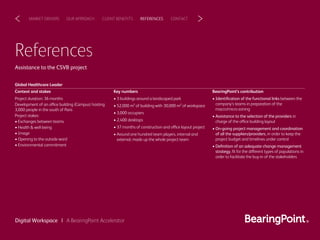 References
Assistance to the CSVB project
CLIENT BENEFITSOUR APPROACHMARKET DRIVERS REFERENCES CONTACT< >
Digital Workspace | A BearingPoint Accelerator
Key numbers
• 3 buildings around a landscaped park
• 52,000 m² of building with 30,000 m² of workspace
• 3,000 occupiers
• 2,400 desktops
• 37 months of construction and office layout project
• Around one hundred team players, internal and
external, made up the whole project team
Context and stakes
Project duration: 36 months
Development of an office building (Campus) hosting
3,000 people in the south of Paris
Project stakes:
• Exchanges between teams
• Health & well-being
• Image
• Opening to the outside word
• Environmental commitment
Global Healthcare Leader
BearingPoint’s contribution
• Identiﬁcation of the functional links between the
company’s teams in preparation of the
macro/micro-zoning
• Assistance to the selection of the providers in
charge of the office building layout
• On-going project management and coordination
of all the suppliers/providers, in order to keep the
project budget and timelines under control
• Deﬁnition of an adequate change management
strategy, ﬁt for the different types of populations in
order to facilitate the buy-in of the stakeholders
 