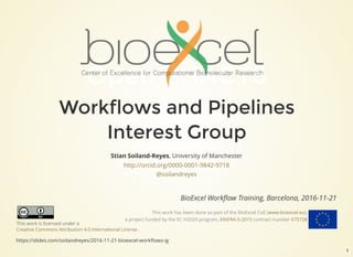Open PHACTS
Workflows and Pipelines
Interest Group
Stian Soiland-Reyes, University of Manchester
http://orcid.org/0000-0001-9842-9718
@soilandreyes
This work is licensed under a
.Creative Commons Attribution 4.0 International License
BioExcel Workﬂow Training, Barcelona, 2016-11-21
This work has been done as part of the BioExcel CoE ( ),
a project funded by the EC H2020 program, contract number
www.bioexcel.eu
EINFRA-5-2015 675728
https://slides.com/soilandreyes/2016-11-21-bioexcel-workﬂows-ig
1
 