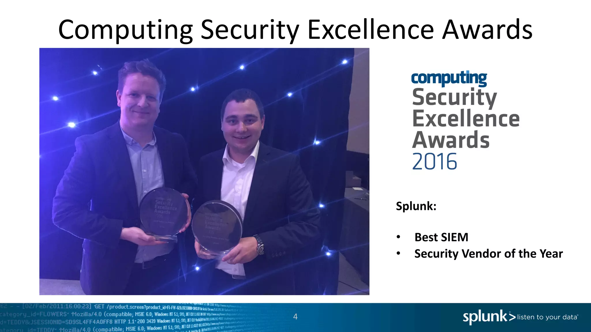 Computing	Security	Excellence	Awards
4
Splunk:
• Best	SIEM
• Security	Vendor of	the	Year
 