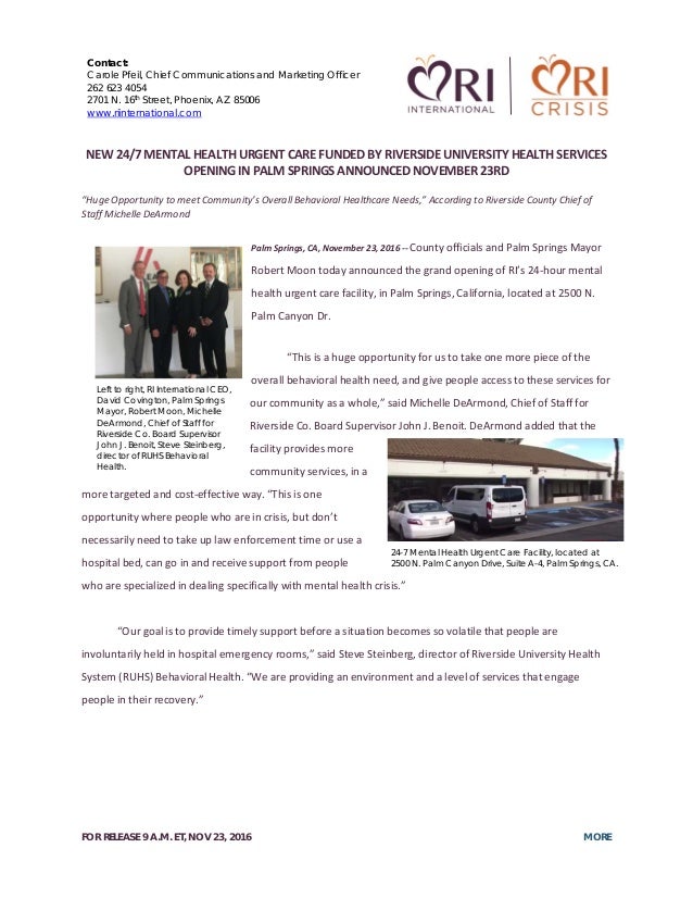Press Release NEW 24/7 MENTAL HEALTH URGENT CARE FUNDED BY RIVERSIDE