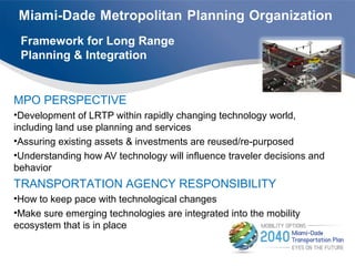 Framework for Long Range
Planning & Integration
MPO PERSPECTIVE
•Development of LRTP within rapidly changing technology world,
including land use planning and services
•Assuring existing assets & investments are reused/re-purposed
•Understanding how AV technology will influence traveler decisions and
behavior
TRANSPORTATION AGENCY RESPONSIBILITY
•How to keep pace with technological changes
•Make sure emerging technologies are integrated into the mobility
ecosystem that is in place
 