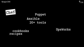 /20@yegor256 4
Chef Puppet
Ansible
20+ tools
recipes
cookbooks OpsWorks
 