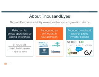 2
About ThousandEyes
ThousandEyes delivers visibility into every network your organization relies on.
Founded by network
experts; strong
investor backing
Relied on for
critical operations by
leading enterprises
Recognized as
an innovative
new approach
31 Fortune 500
5 top 5 SaaS Companies
4 top 6 US Banks
 