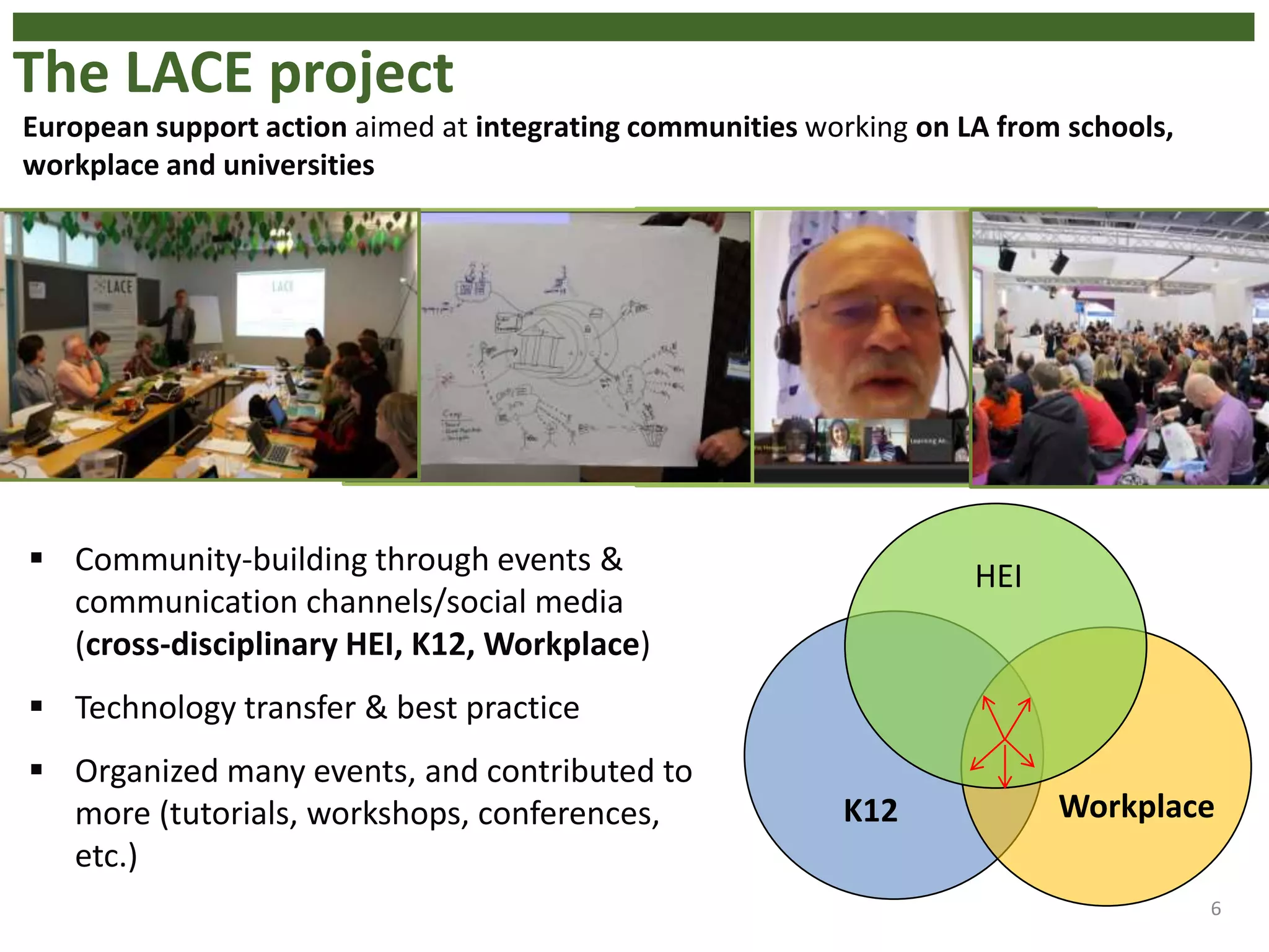 The LACE project
6
K12 Workplace
HEI Community-building through events &
communication channels/social media
(cross-disciplinary HEI, K12, Workplace)
 Technology transfer & best practice
 Organized many events, and contributed to
more (tutorials, workshops, conferences,
etc.)
European support action aimed at integrating communities working on LA from schools,
workplace and universities
 