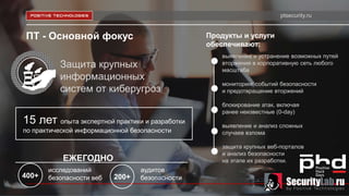 ptsecurity.ru
ПТ - Основной фокус
Защита крупных
информационных
систем от киберугроз
15 лет опыта экспертной практики и разработки
по практической информационной безопасности
Продукты и услуги
обеспечивают:
выявление и устранение возможных путей
вторжения в корпоративную сеть любого
масштаба
мониторинг событий безопасности
и предотвращение вторжений
блокирование атак, включая
ранее неизвестные (0-day)
выявление и анализ сложных
случаев взлома
защита крупных веб-порталов
и анализ безопасности
на этапе их разработки.
200+
аудитов
безопасности400+
исследований
безопасности веб
ЕЖЕГОДНО
 