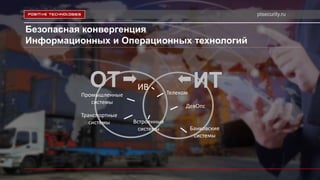 ptsecurity.ru
Безопасная конвергенция
Информационных и Операционных технологий
ОТ ИТ
Встроенные
системы
Промышленные
системы
ИВ
Транспортные
системы
Телеком
ДевОпс
Банковские
системы
 