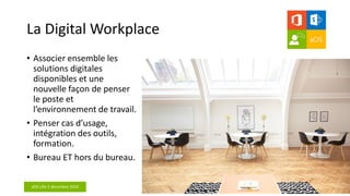 aOS Lille 2 décembre 2016
La Digital Workplace
• Associer ensemble les
solutions digitales
disponibles et une
nouvelle façon de penser
le poste et
l’environnement de travail.
• Penser cas d’usage,
intégration des outils,
formation.
• Bureau ET hors du bureau.
 