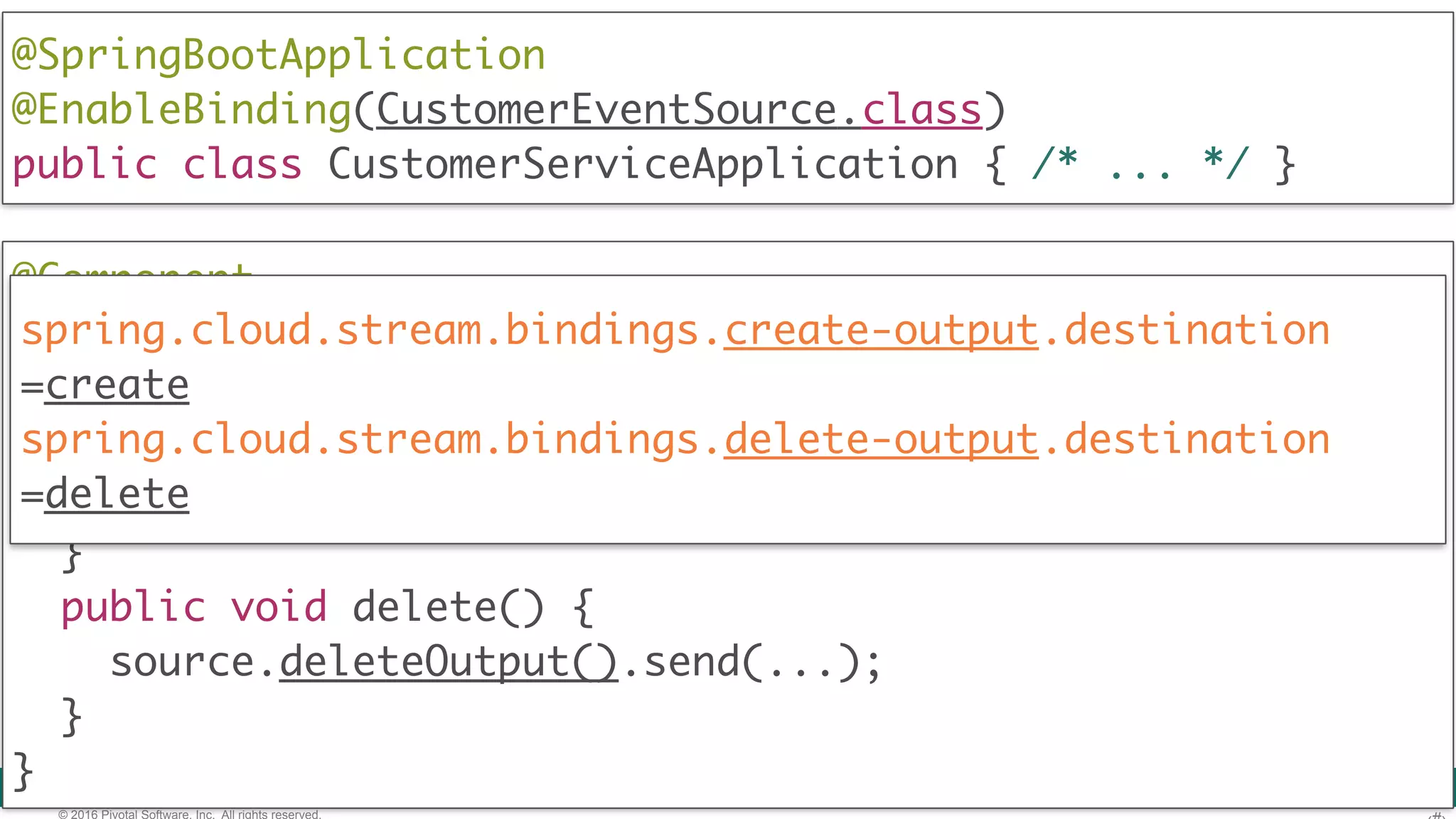 © 2016 Pivotal Software, Inc. All rights reserved. @Component  public class CustomerService {  @Autowired CustomerEventSource source; public void create(...) { source.createOutput().send(...); } public void delete() { source.deleteOutput().send(...); }  } @SpringBootApplication @EnableBinding(CustomerEventSource.class)  public class CustomerServiceApplication { /* ... */ } spring.cloud.stream.bindings.create-output.destination =create spring.cloud.stream.bindings.delete-output.destination =delete 