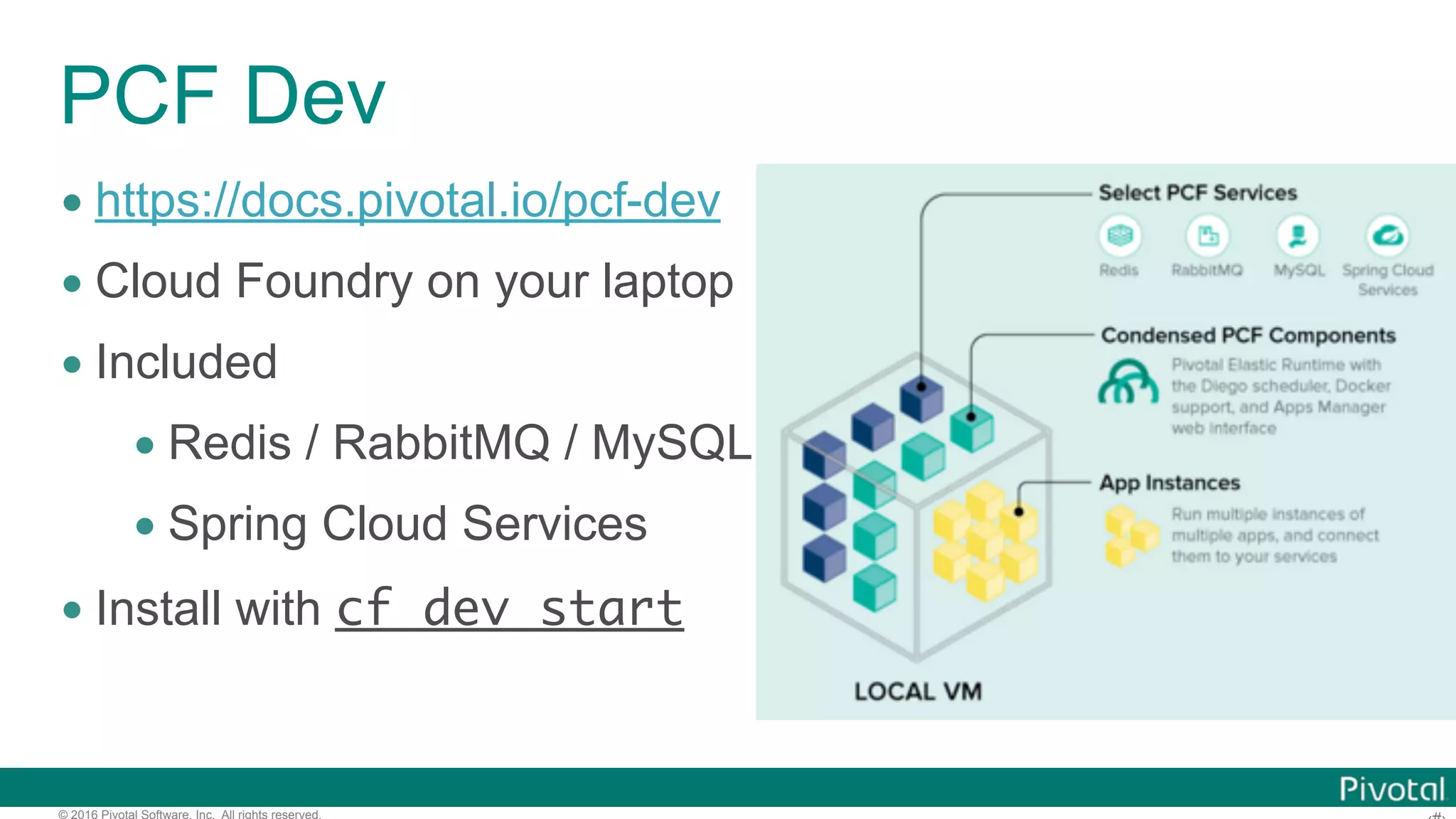 © 2016 Pivotal Software, Inc. All rights reserved. Cloud Foundry •https://www.cloudfoundry.org/ •Cloud Native Platform •OSS •Spring ❤ Cloud Foundry •Support Multi IaaS   (AWS, Azure, GCP, vSphere, OpenStack) 