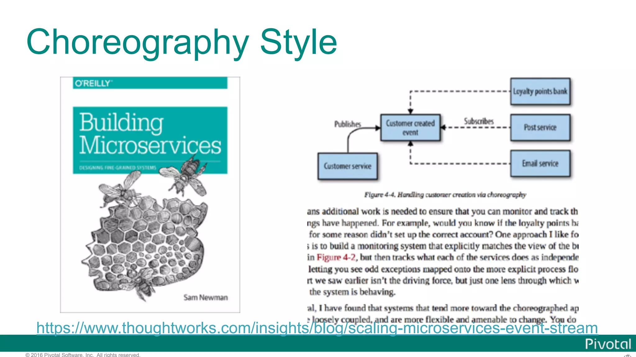 © 2016 Pivotal Software, Inc. All rights reserved. Choreography Style https://www.thoughtworks.com/insights/blog/scaling-microservices-event-stream 