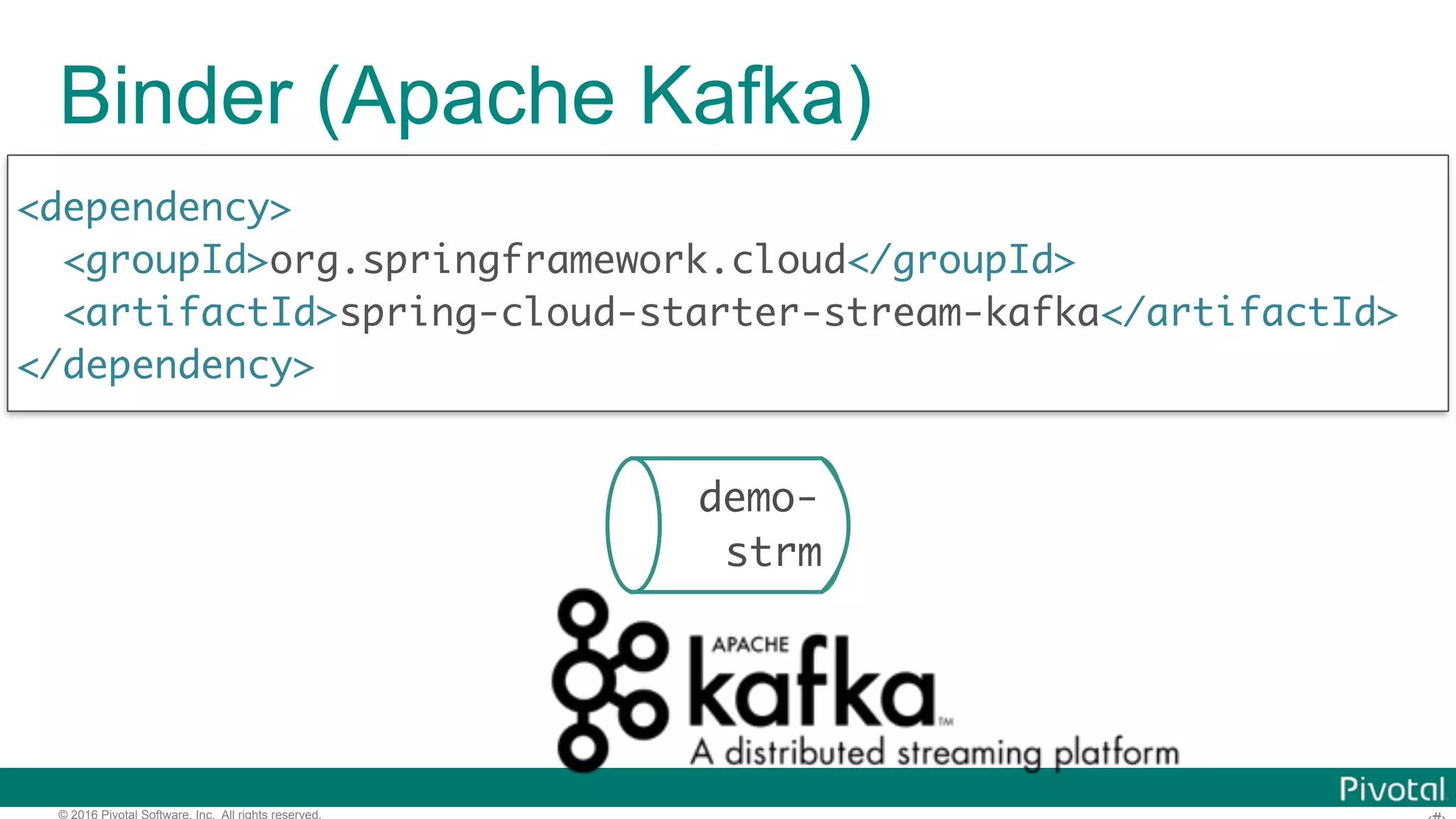 © 2016 Pivotal Software, Inc. All rights reserved. Binder (Apache Kafka) <dependency> <groupId>org.springframework.cloud</groupId> <artifactId>spring-cloud-starter-stream-kafka</artifactId> </dependency> demo- strm 