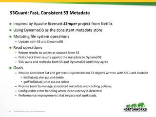 14 © Hortonworks Inc. 2011 – 2016. All Rights Reserved
S3Guard: Fast, Consistent S3 Metadata
 Inspired by Apache licensed S3mper project from Netflix
 Using DynamoDB as the consistent metadata store
 Mutating file system operations
– Update both S3 and DynamoDB
 Read operations
– Return results to callers as sourced from S3
– First check their results against the metadata in DynamoDB
– S3A waits and rechecks both S3 and DynamoDB until they agree
 Goals
– Provide consistent list and get status operations on S3 objects written with S3Guard enabled
• listStatus() after put and delete
• getFileStatus() after put and delete
– Provide tools to manage associated metadata and caching policies.
– Configurable error handling when inconsistency is detected
– Performance improvements that impact real workloads.
 