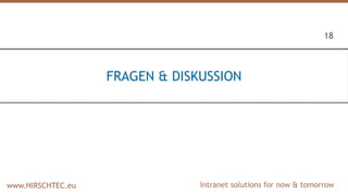 Intranet solutions for now & tomorrowwww.HIRSCHTEC.euwww.HIRSCHTEC.euwww.HIRSCHTEC.eu
FRAGEN & DISKUSSION
18
 