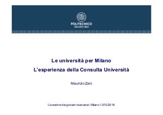 Le università per Milano
L’esperienza della Consulta Università
Maurizio Zani
L'avvenire dei giovani ricercatori, Milano 12/12/2016
 