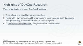 Highlights of DevOps Research:
When organisations employ DevOps Practices:
1. Throughput and stability improve together.
2. Firms with High-performing IT organisations were twice as likely to exceed
their profitability, market share and productivity goals.
3. IT performance is predictive of organisational performance.
Sources:
“What I Learned From Four Years Scienc-ing the Crap Out of DevOps” – N. Forsgren 2016
“The Role of Continuous Delivery in IT and Organisation Performance” – N. Forsgren & J, Humble 2016
 