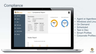 Compliance
• Agent or Agentless
• Windows and Linux
• On Demand
• Scheduled
• Test in Dev
• Smart Profiles
• Corporate Profiles
 