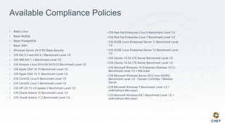 Available Compliance Policies
• Basic Linux
• Basic MySQL
• Basic PostgreSQL
• Basic SSH
• Windows Server 2012 R2 Base Security
• CIS AIX 5.3 and AIX 6.1 Benchmark Level 1/2
• CIS IBM AIX 7.1 Benchmark Level 1/2
• CIS Amazon Linux 2014.09-2015.03 Benchmark Level 1/2
• CIS Apple OSX 10.10 Benchmark Level 1/2
• CIS Apple OSX 10.11 Benchmark Level 1/2
• CIS CentOS Linux 6 Benchmark Level 1/2
• CIS CentOS Linux 7 Benchmark Level 1/2
• CIS HP-UX 11i v3 Update 2 Benchmark Level 1/2
• CIS Oracle Solaris 10 Benchmark Level 1/2
• CIS Oracle Solaris 11.2 Benchmark Level 1/2
• CIS Red Hat Enterprise Linux 6 Benchmark Level 1/2
• CIS Red Hat Enterprise Linux 7 Benchmark Level 1/2
• CIS SUSE Linux Enterprise Server 11 Benchmark Level
1/2
• CIS SUSE Linux Enterprise Server 12 Benchmark Level
1/2
• CIS Ubuntu 12.04 LTS Server Benchmark Level 1/2
• CIS Ubuntu 14.04 LTS Server Benchmark Level 1/2
• CIS Microsoft Windows 10 Enterprise (Release 1511)
Benchmark Level 1/2 + BitLocker
• CIS Microsoft Windows Server 2012 (non-R2/R2)
Benchmark Level 1/2 - Domain Controller / Member
Server
• CIS Microsoft Windows 7 Benchmark Level 1/2 +
(with/without BitLocker)
• CIS Microsoft Windows 8/8.1 Benchmark Level 1/2 +
(with/without BitLocker)
 