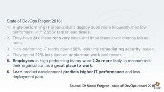 State of DevOps Report 2016:
1. High-performing IT organizations deploy 200x more frequently than low
performers, with 2,555x faster lead times.
2. They have 24x faster recovery times and three times lower change failure
rates.
3. High-performing IT teams spend 50% less time remediating security issues.
4. They spend 22% less time on unplanned work and rework.
5. Employees in high-performing teams were 2.2x more likely to recommend
their organization as a great place to work.
6. Lean product development predicts higher IT performance and less
deployment pain.
Source: Dr Nicole Forgren - state of DevOps report 2016
 
