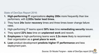 State of DevOps Report 2016:
1. High-performing IT organizations deploy 200x more frequently than low
performers, with 2,555x faster lead times.
2. They have 24x faster recovery times and three times lower change failure
rates.
3. High-performing IT teams spend 50% less time remediating security issues.
4. They spend 22% less time on unplanned work and rework.
5. Employees in high-performing teams were 2.2x more likely to recommend
their organization as a great place to work.
6. Lean product development predicts higher IT performance and less
deployment pain.
Source: Dr Nicole Forgren - state of DevOps report 2016
 