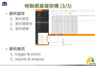 物聯網基礎架構 (3/3)
• 資料儲存
1. 資料類型
2. 資料週期性
3. 資料總量
• 資料應用
1. trigger & action
2. reports & analysis
5
 