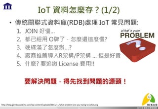 IoT 資料怎麼存 ? (1/2)
• 傳統關聯式資料庫(RDB)處理 IoT 常見問題:
1. JOIN 好慢…
2. 都已經用 O牌了，怎麼還這麼慢?
3. 硬碟滿了怎麼辦…?
4. 廠商推薦導入R架構/P架構 … 但是好貴
5. 什麼? 要追繳 License 費用!!
6
要解決問題，得先找到問題的源頭！
http://blog.gembaacademy.com/wp-content/uploads/2013/11/what-problem-are-you-trying-to-solve.png
 