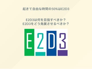 起きて自由な時間の50%はE2D3
E2D3は何を目指すべきか？
E2D3をどう発展させるべきか？
 