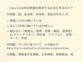 Data Vizは何の問題を解決するために作るのか？
大問題：国、自治体、共同体、会社の中の人が
間違った方に動いている
正しい方向に動いているか怪しい
動かない（無関心、信用・信頼・懐疑、透明性）
by ジャーナリスト、研究者、アナリスト、営業・
マーケ、市民
中問題：データに基づいて、人を動かす
Data Viz is a method to stimulate a human brain
小問題：情報過不足調整、主体探索、新規発見、美
 