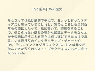 [6.6 前半] DVの歴史
今となっては紙は静的で平坦で、ちょっと劣ったメデ
ィアだと思ってしまうけれど、実のところはもう何百
年もの間にわたって、紙に書いて、印刷をすること
で、信じられないほどの豊かな知識とデータをなんと
かその紙に示すことを我々は成し遂げてきたわけであ
る。いま流行りのインタラクティブ・チャートや
DV、そしてインフォグラフィクスも、もとは我々が
学んできた多くのベスト・プラクティスのもとに成り
立っている。
 