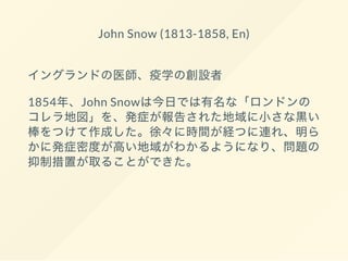 John Snow (1813-1858, En)
イングランドの医師、疫学の創設者
1854年、John Snowは今日では有名な「ロンドンの
コレラ地図」を、発症が報告された地域に小さな黒い
棒をつけて作成した。徐々に時間が経つに連れ、明ら
かに発症密度が高い地域がわかるようになり、問題の
抑制措置が取ることができた。
 