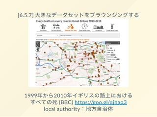 [6.5.7] 大きなデータセットをブラウンジングする
1999年から2010年イギリスの路上における
すべての死(BBC) https://goo.gl/qjbao3
local authority：地方自治体
 