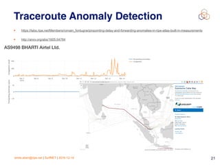 emile.aben@ripe.net | SurfNET | 2016-12-14 21
Traceroute Anomaly Detection
• https://labs.ripe.net/Members/romain_fontugne/pinpointing-delay-and-forwarding-anomalies-in-ripe-atlas-built-in-measurements
• http://arxiv.org/abs/1605.04784
 