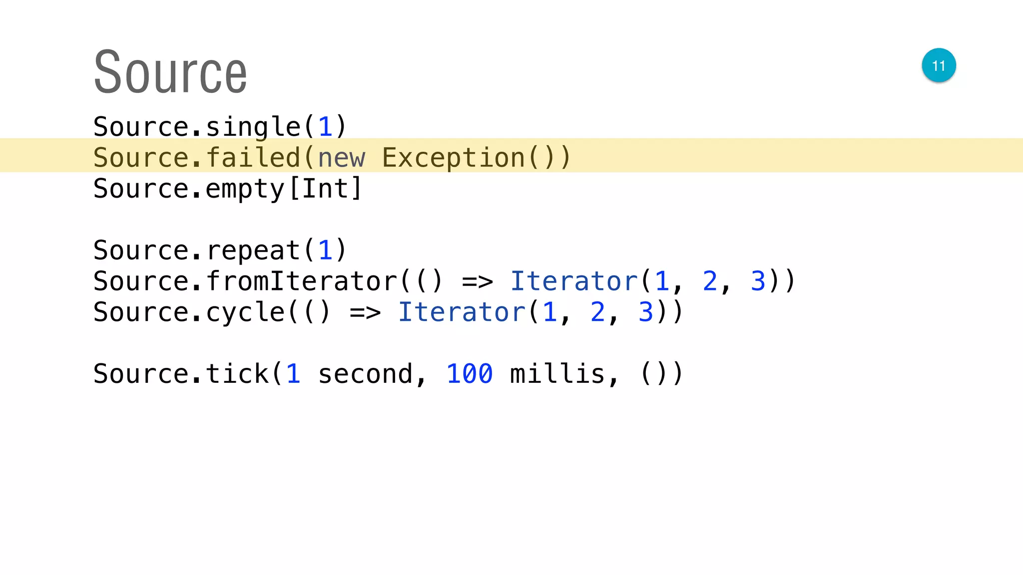 11
Source
Source.single(1) 
Source.failed(new Exception()) 
Source.empty[Int] 
 
Source.repeat(1) 
Source.fromIterator(() => Iterator(1, 2, 3)) 
Source.cycle(() => Iterator(1, 2, 3)) 
 
Source.tick(1 second, 100 millis, ())
 