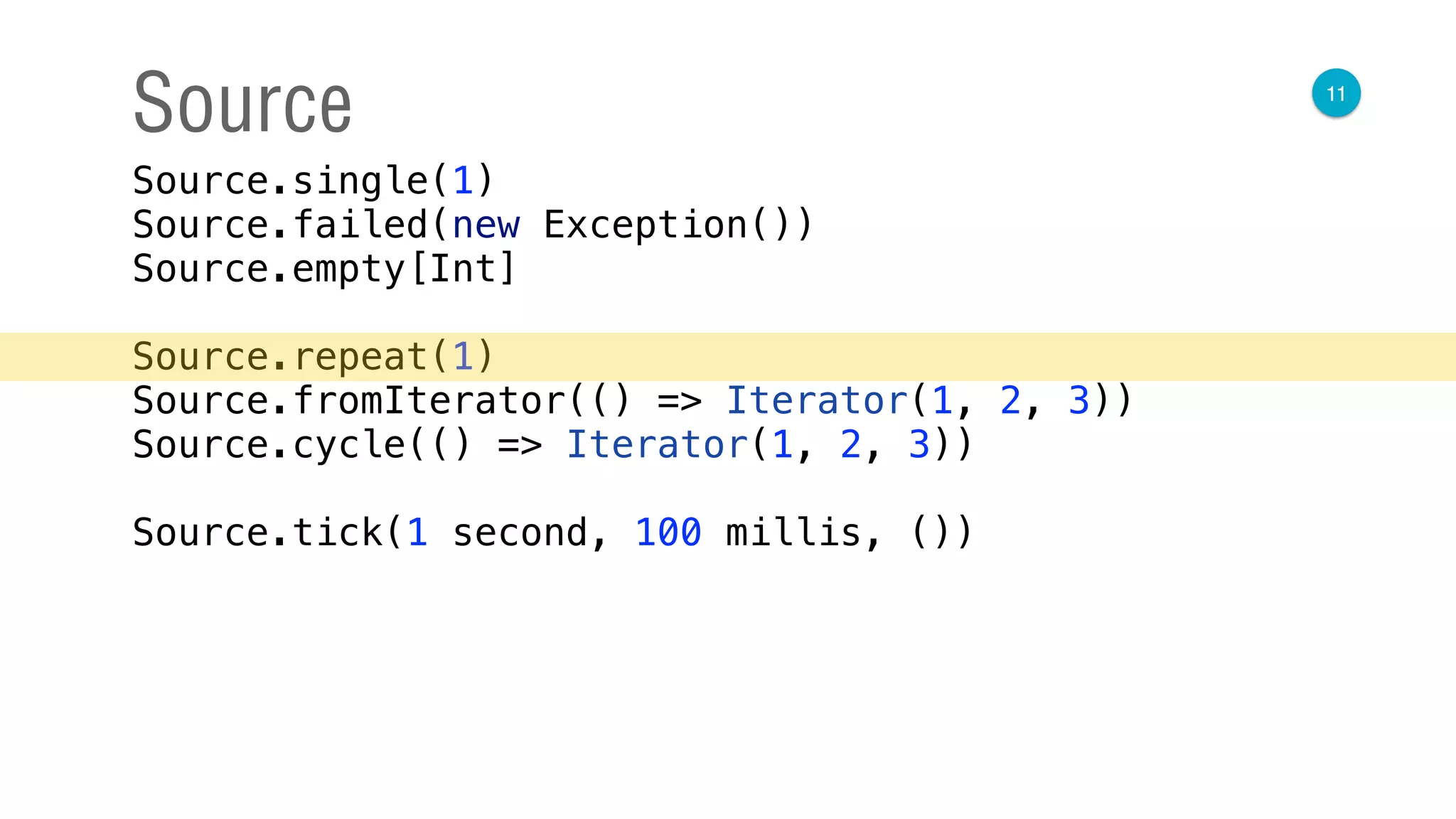 11
Source
Source.single(1) 
Source.failed(new Exception()) 
Source.empty[Int] 
 
Source.repeat(1) 
Source.fromIterator(() => Iterator(1, 2, 3)) 
Source.cycle(() => Iterator(1, 2, 3)) 
 
Source.tick(1 second, 100 millis, ())
 