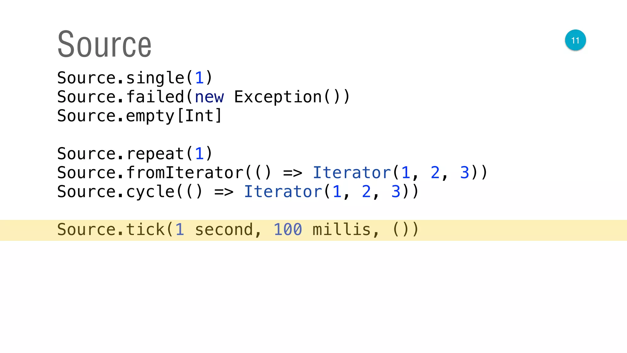 11
Source
Source.single(1) 
Source.failed(new Exception()) 
Source.empty[Int] 
 
Source.repeat(1) 
Source.fromIterator(() => Iterator(1, 2, 3)) 
Source.cycle(() => Iterator(1, 2, 3)) 
 
Source.tick(1 second, 100 millis, ())
 