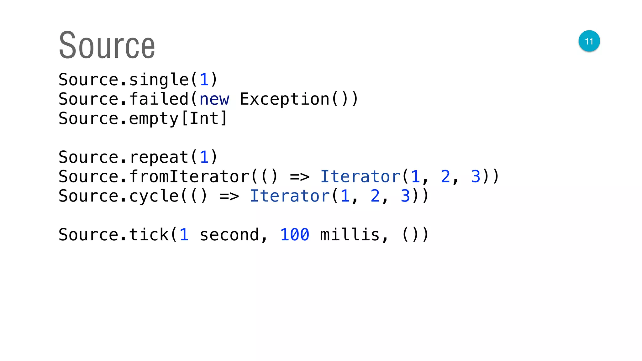 11
Source
Source.single(1) 
Source.failed(new Exception()) 
Source.empty[Int] 
 
Source.repeat(1) 
Source.fromIterator(() => Iterator(1, 2, 3)) 
Source.cycle(() => Iterator(1, 2, 3)) 
 
Source.tick(1 second, 100 millis, ())
 
