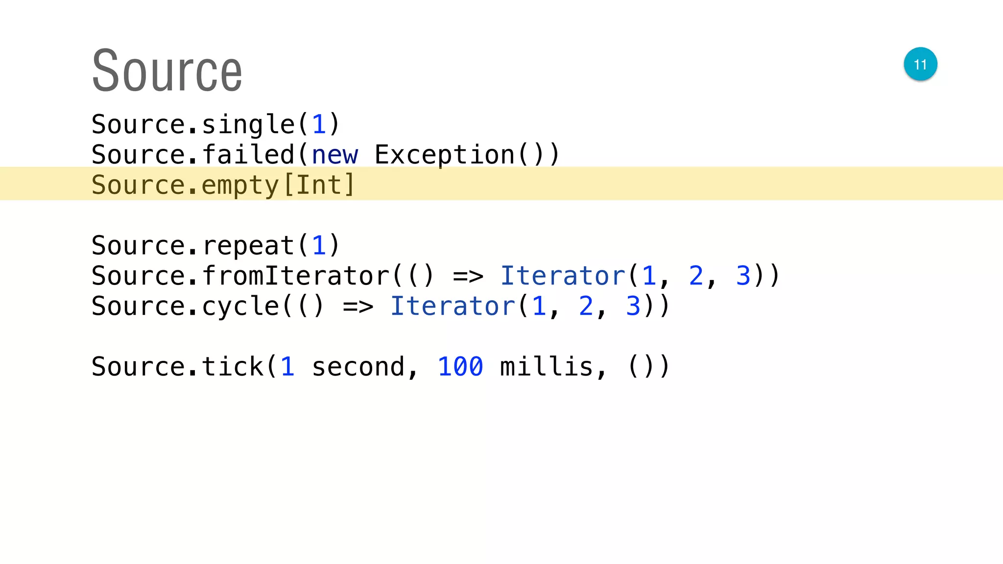 11
Source
Source.single(1) 
Source.failed(new Exception()) 
Source.empty[Int] 
 
Source.repeat(1) 
Source.fromIterator(() => Iterator(1, 2, 3)) 
Source.cycle(() => Iterator(1, 2, 3)) 
 
Source.tick(1 second, 100 millis, ())
 