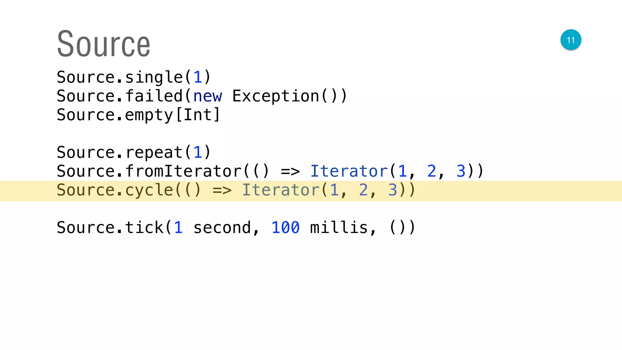 11
Source
Source.single(1) 
Source.failed(new Exception()) 
Source.empty[Int] 
 
Source.repeat(1) 
Source.fromIterator(() => Iterator(1, 2, 3)) 
Source.cycle(() => Iterator(1, 2, 3)) 
 
Source.tick(1 second, 100 millis, ())
 