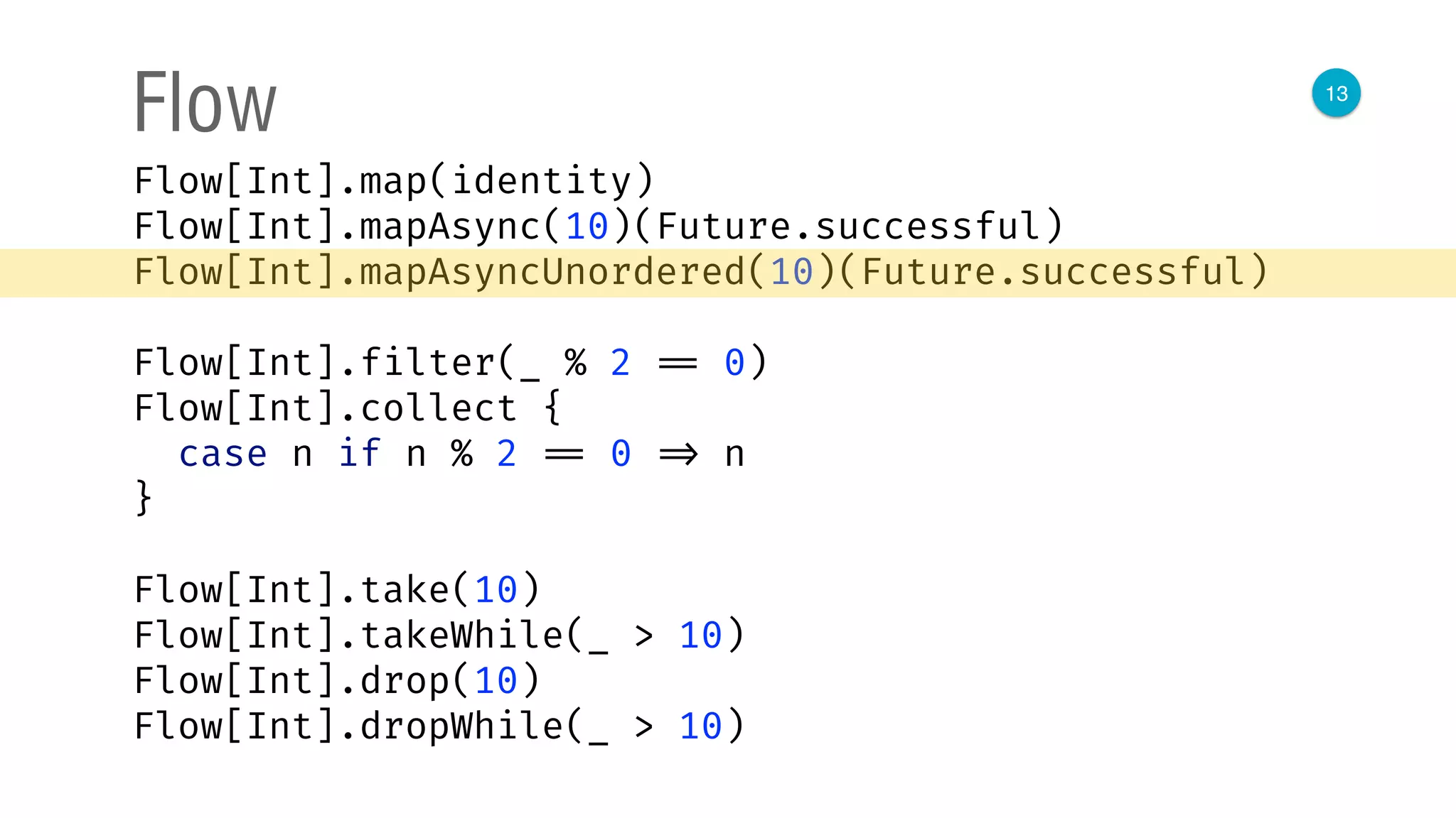 13
Flow
Flow[Int].map(identity) 
Flow[Int].mapAsync(10)(Future.successful) 
Flow[Int].mapAsyncUnordered(10)(Future.successful) 
 
Flow[Int].filter(_ % 2 == 0) 
Flow[Int].collect { 
case n if n % 2 == 0 => n 
}
Flow[Int].take(10) 
Flow[Int].takeWhile(_ > 10) 
Flow[Int].drop(10) 
Flow[Int].dropWhile(_ > 10)
 