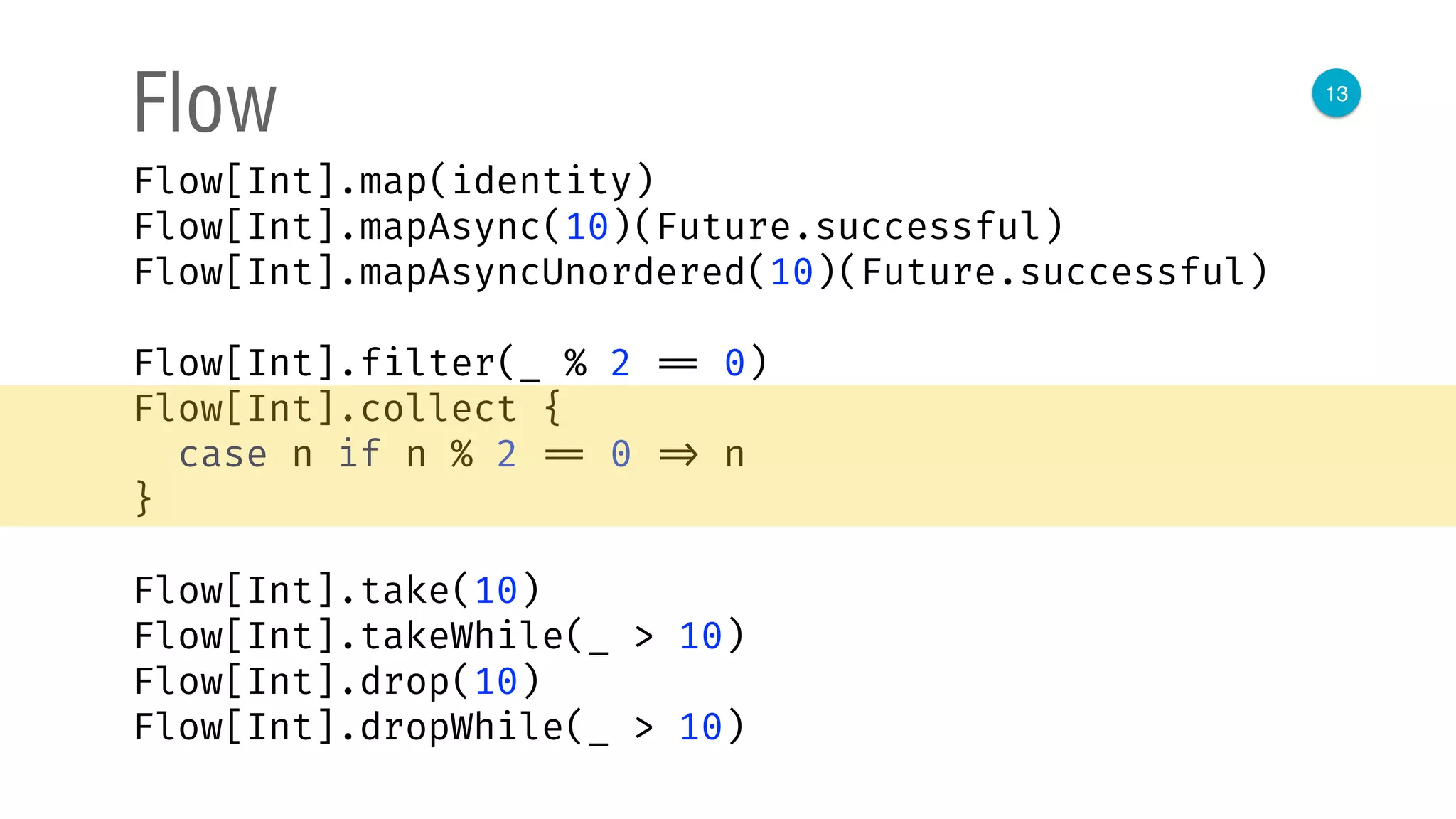 13
Flow
Flow[Int].map(identity) 
Flow[Int].mapAsync(10)(Future.successful) 
Flow[Int].mapAsyncUnordered(10)(Future.successful) 
 
Flow[Int].filter(_ % 2 == 0) 
Flow[Int].collect { 
case n if n % 2 == 0 => n 
}
Flow[Int].take(10) 
Flow[Int].takeWhile(_ > 10) 
Flow[Int].drop(10) 
Flow[Int].dropWhile(_ > 10)
 