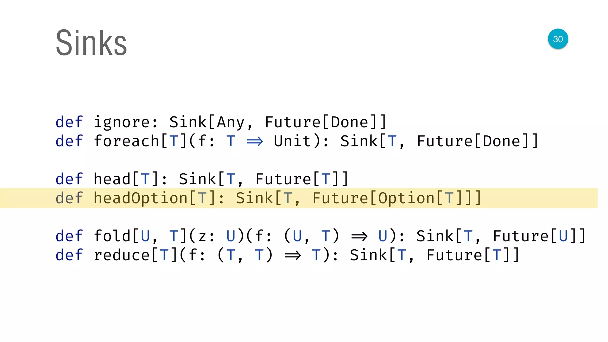 30
Sinks
def ignore: Sink[Any, Future[Done]]
def foreach[T](f: T => Unit): Sink[T, Future[Done]]
def head[T]: Sink[T, Future[T]]
def headOption[T]: Sink[T, Future[Option[T]]]
def fold[U, T](z: U)(f: (U, T) => U): Sink[T, Future[U]]
def reduce[T](f: (T, T) => T): Sink[T, Future[T]]
 