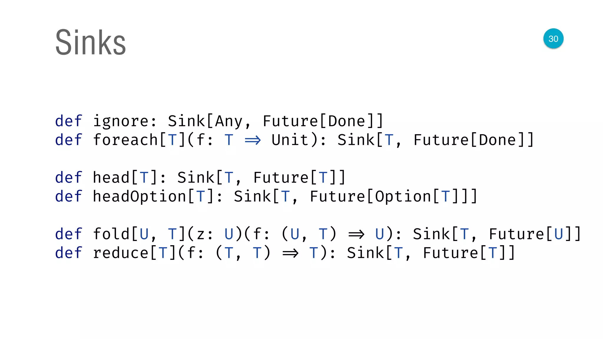 30
Sinks
def ignore: Sink[Any, Future[Done]]
def foreach[T](f: T => Unit): Sink[T, Future[Done]]
def head[T]: Sink[T, Future[T]]
def headOption[T]: Sink[T, Future[Option[T]]]
def fold[U, T](z: U)(f: (U, T) => U): Sink[T, Future[U]]
def reduce[T](f: (T, T) => T): Sink[T, Future[T]]
 